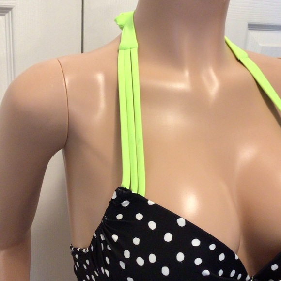 California Waves Black & White Polka Dot Neon Strappy Push Up Bikini Top Medium - Picture 3 of 6